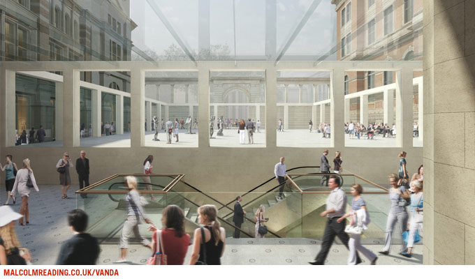 Tony Fretton Architects concept render: escalators descending beneath the colonnade, with courtyard views through glass screens