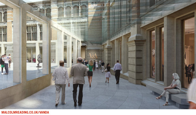 Tony Fretton Architects concept render: the colonnade walkway alongside V&A shop windows, with the courtyard beyond