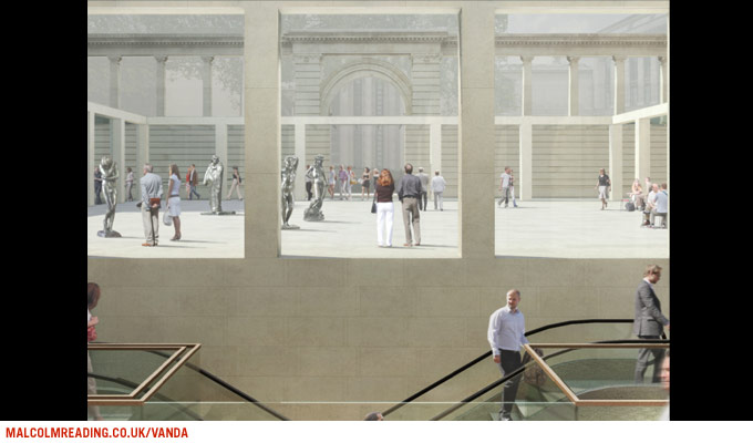 Tony Fretton Architects concept render: triptych view through three colonnade openings into the courtyard, with sculptures and an archway