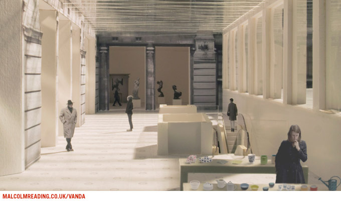 Tony Fretton Architects concept render: an underground gallery corridor with sculpture displays beside a museum shop counter